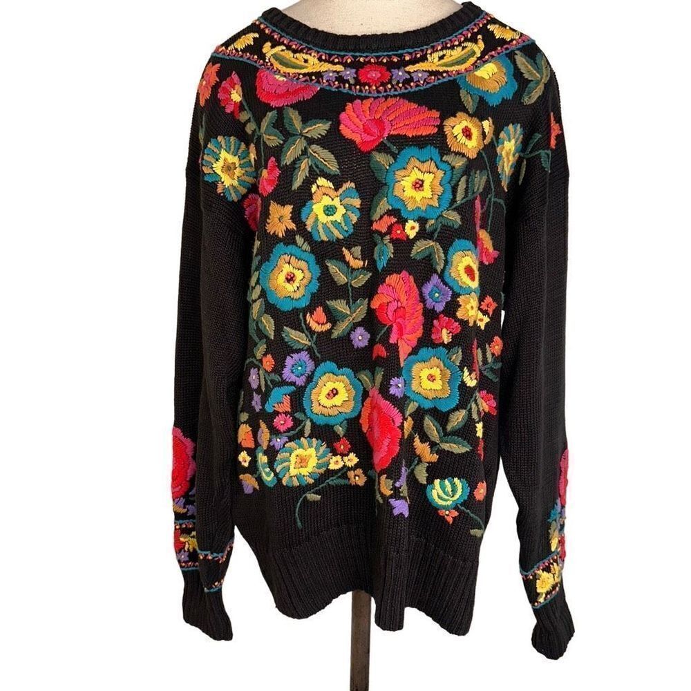 Vintage‎ Essence Black Boho Floral Embroidered Sweater Womens Large Chunky Knit